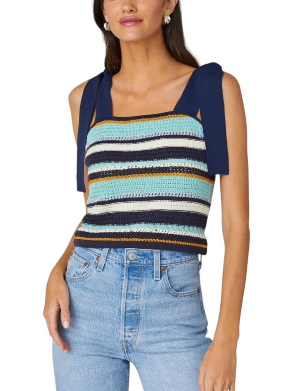 Shoshanna Crochet Knit Tie Shoulder Crop Top in Navy Multi Stripe, NWOT
